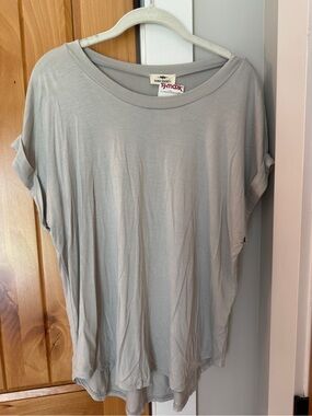 NWT Rebel Society Shirt Womens L Gray Short Sleeve Rolled Cuff Relaxed Fit Top